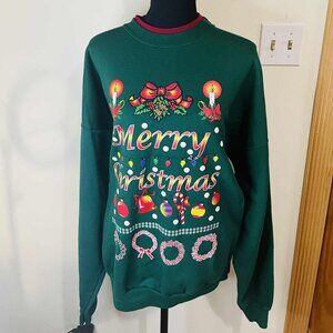 Vintage M&C Sportswear 2X Christmas Sweatshirt Green Mistletoe Candles